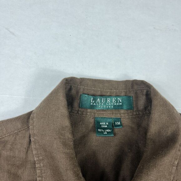 Lauren Ralph Lauren Linen Button Down Shirt Brown Collared Long Sleeve Top PM - Picture 5 of 11